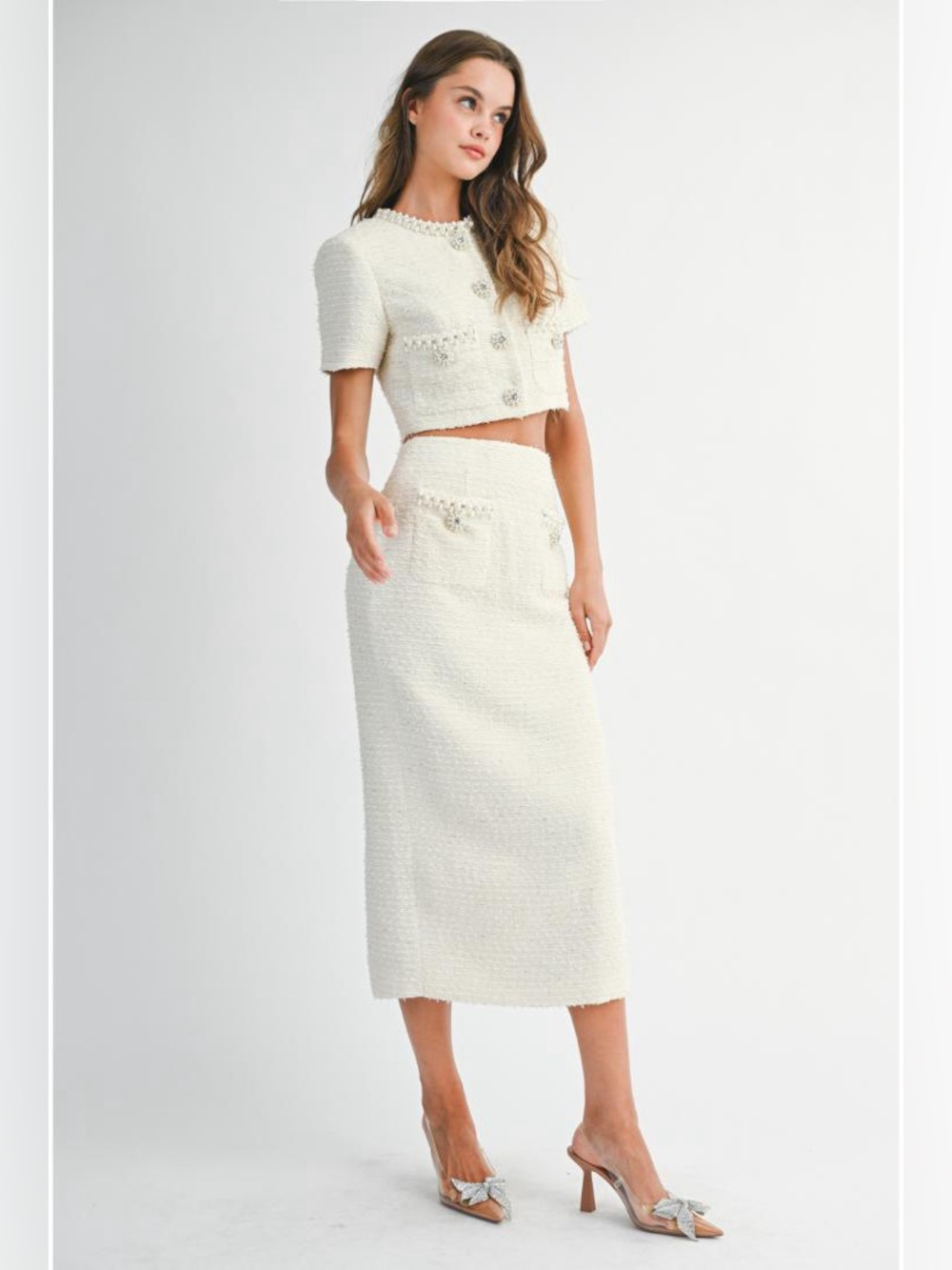 Mable Tweed Jeweled Crop Jacket & Midi Skirt Set